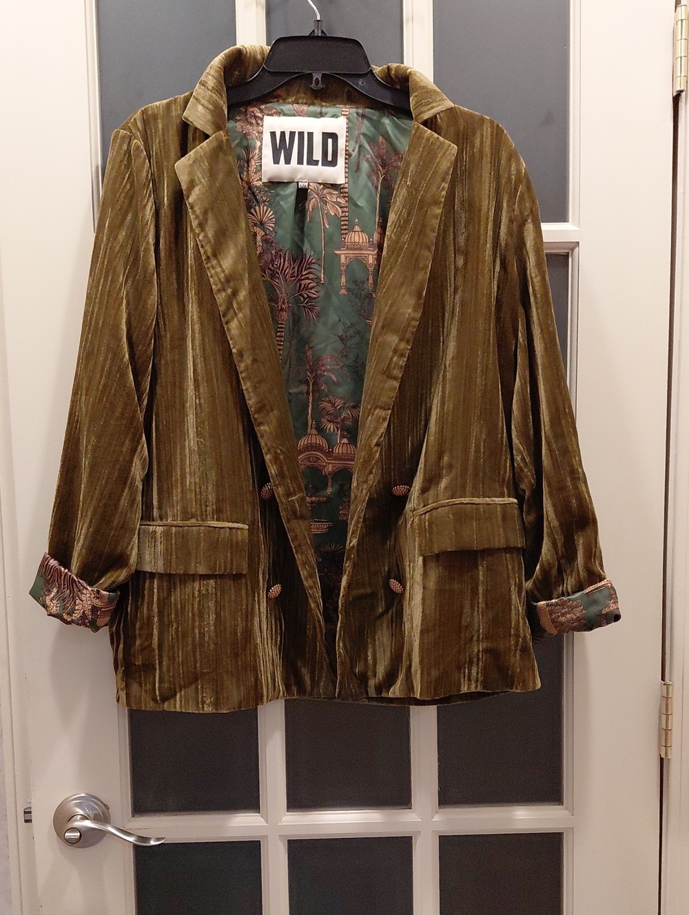 "WILD" Sz. S/M, Olive Green Crushed Velvet Blazer Jacket. Double breasted....